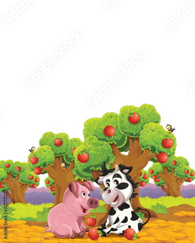 cartoon scene with pig and cow on a farm having fun on white background - illustration for children