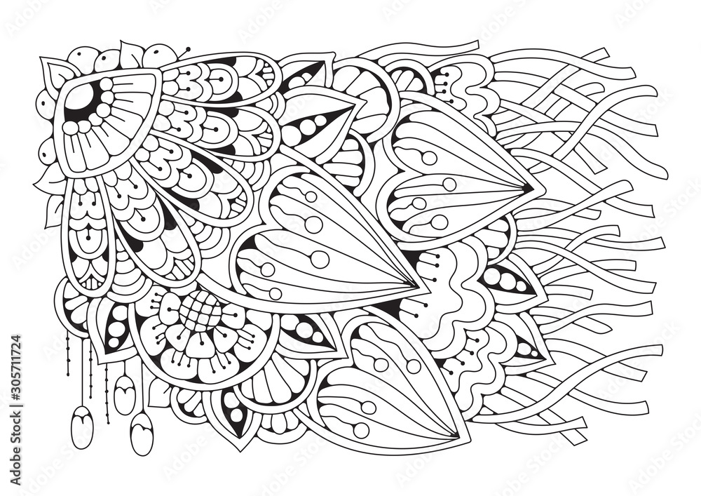Fototapeta premium Coloring book page for adult and older children. Black and white abstract floral pattern. Design for meditation. The image can be used in design and printing on fabric