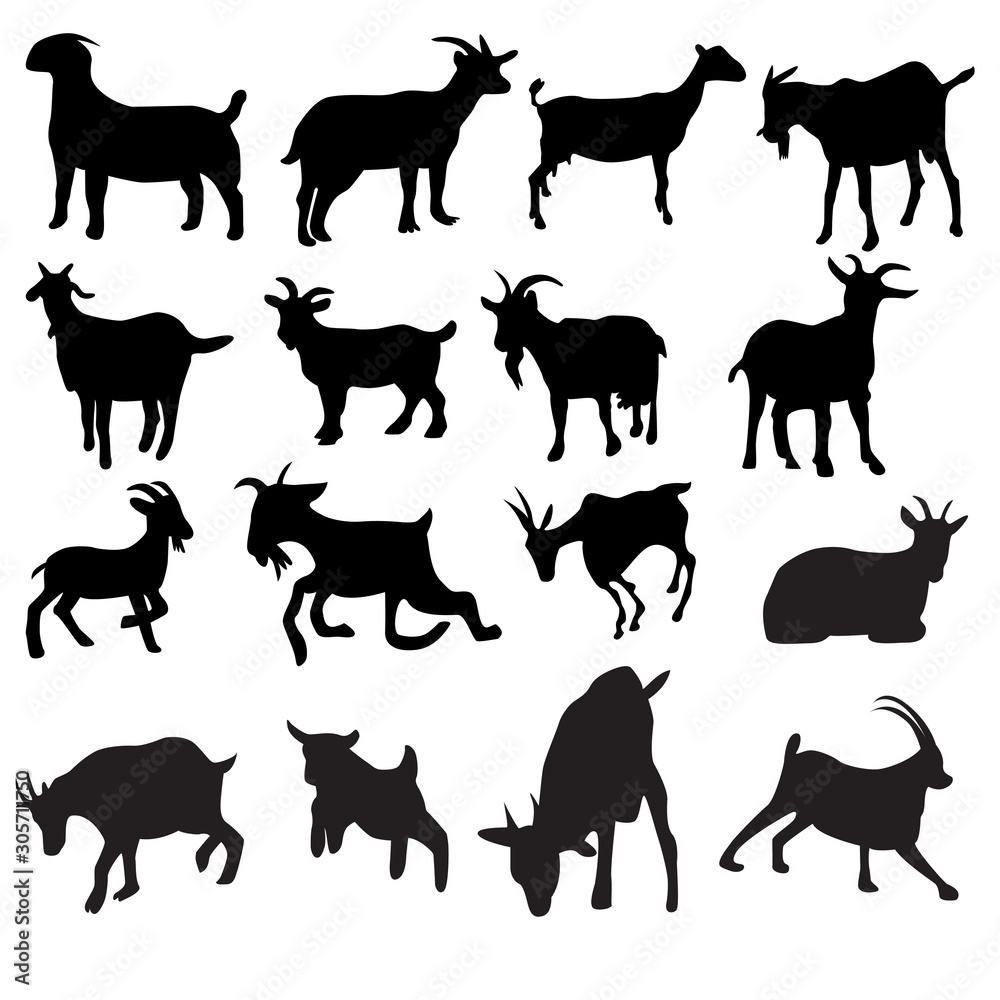 Set of goat Silhouette collection vector illustration with many style different like running,sitting,eating,etc . goat isolated on white background