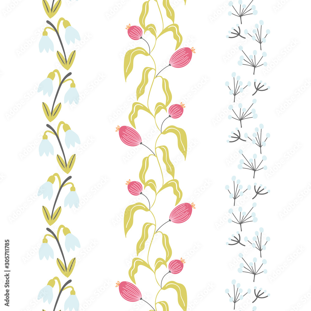 Snowdrops and other Flowers Vector Seamless Vertical Borders Set Snowdrops and other Flowers Vector Seamless Vertical Borders Set