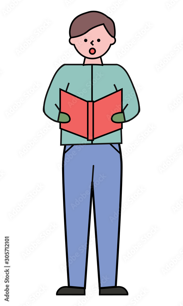 Boy stand alone and sing. Man singing Christmas carol songs. Guy read text of song from vector red book. Person in green shirt and blue pants isolated on white background, picture in minimalism