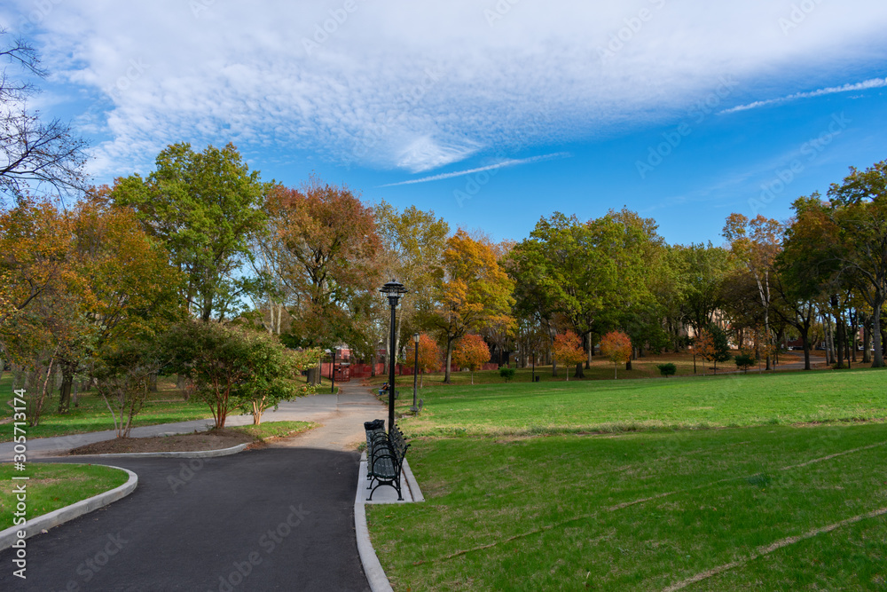 Empty Path at Astoria Park in Queens New York with Colorful Trees during Autumn