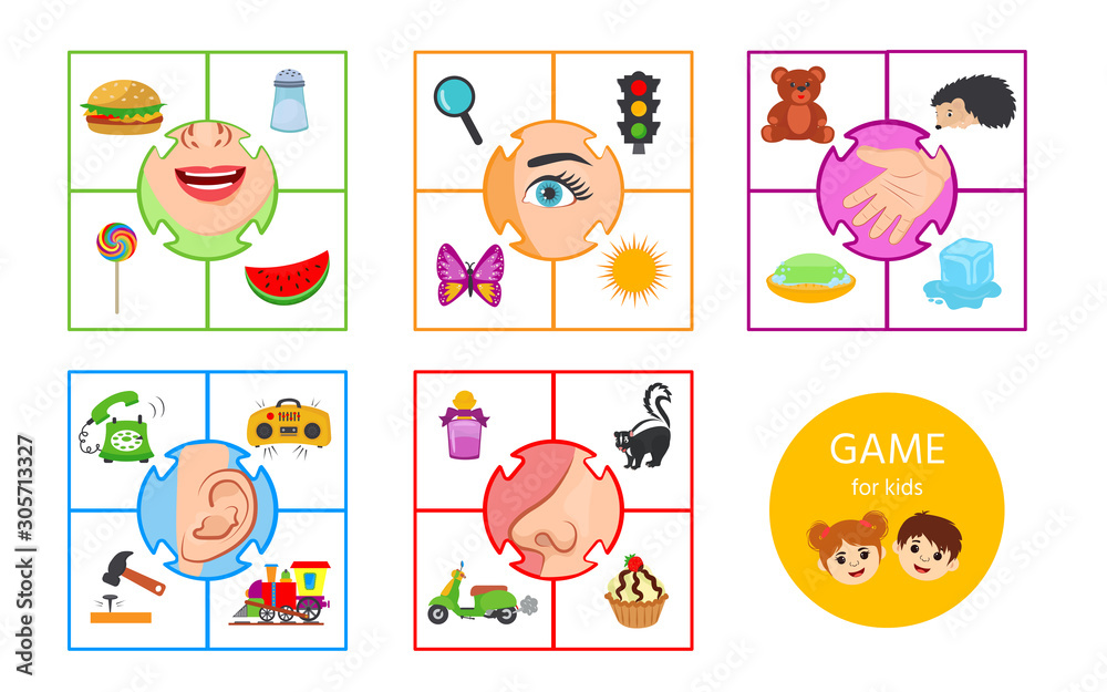 Educational worksheet for kids. Game for Kids to Compare and Connect Objects and Shadows. The picture of senses and objects - touch, taste, hearing, sight, smell