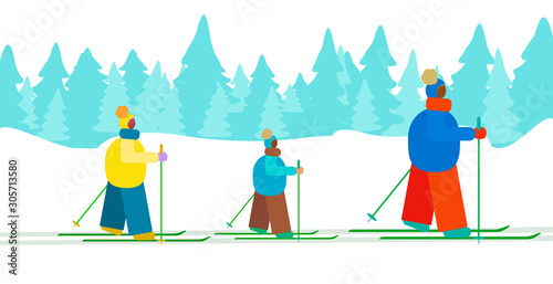 Winter vector sport people are engaged in Nordic walking in the forest
