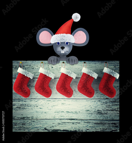 Year of the Rat. Happy New Year 2020. Banner, flyer, postcard. Mouse and christmas sockes isolated on black. 3d render photo