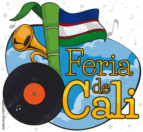 Vinyl, Sugar Cane, Flag and Trumpet for Cali Fair Celebration, Vector Illustration