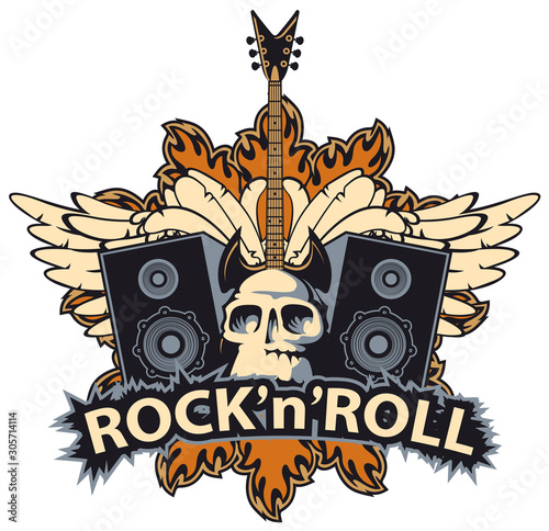 Vector music banner with lettering Rock and roll, human skull, electric guitar, speakers, white wings and fire. Creative modern illustration, suitable for flyer, poster, t-shirt design, tattoo