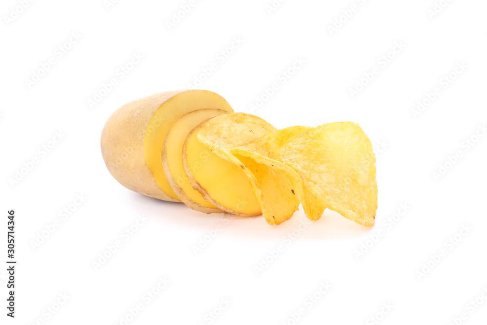 Potato chips, potato isolated on white background, space for text