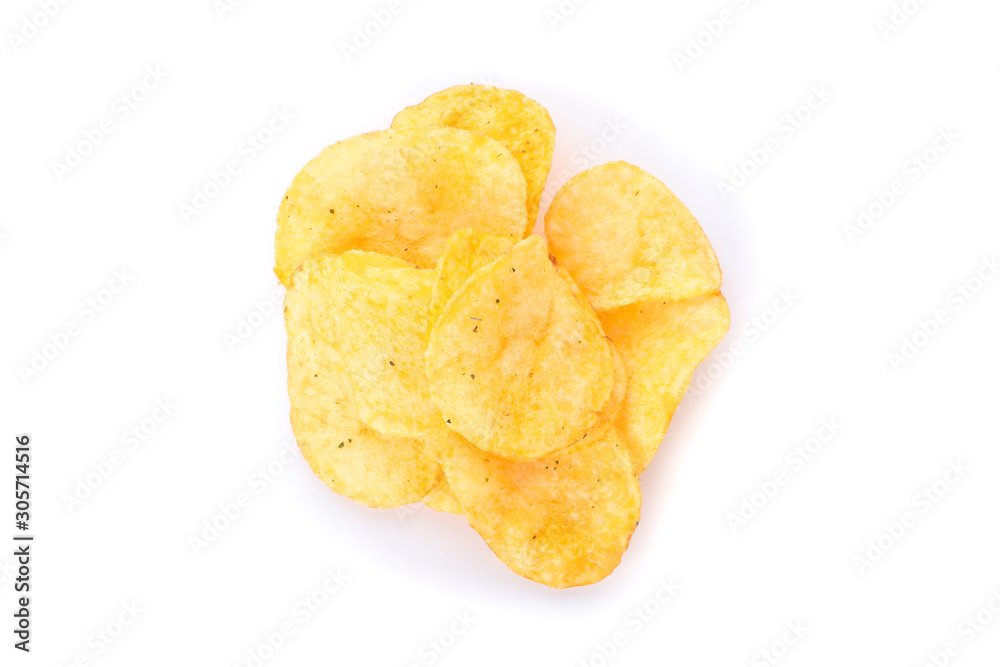 Potato chips isolated on white background, space for text. Top view Potato chips isolated on white background, space for text. Top view