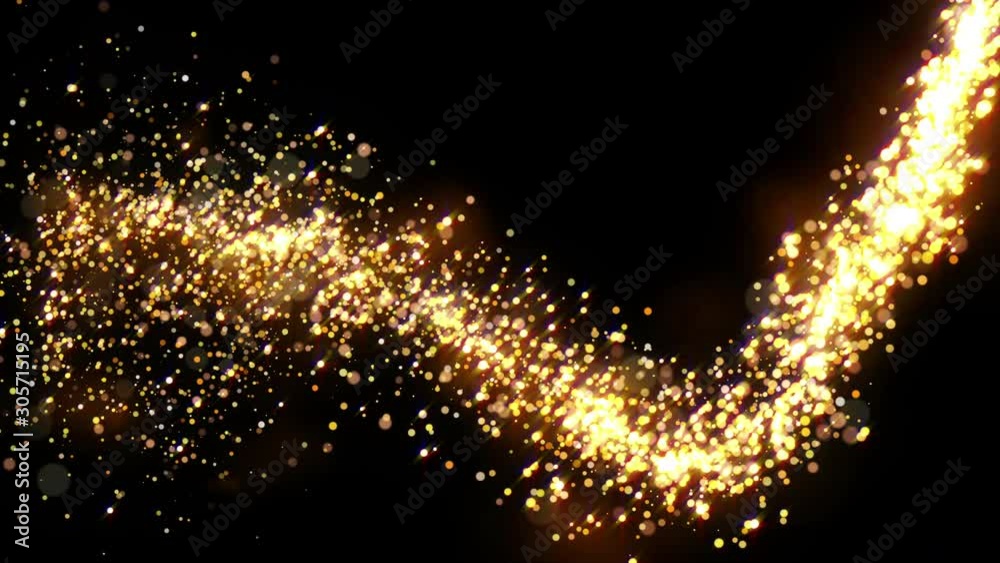 Golden glitter flight with sparkling light. Shining Christmas gold particles and sparkles intro template on black background. Luxury magic festive effect with bokeh and glow. Dust trail 3D render