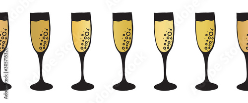 Gold foil champagne flutes seamless vector pattern border. Golden sparkling wine alcohol drinking glasses on white background. Elegant decor for restaurant, bar menu, party, wedding, celebration