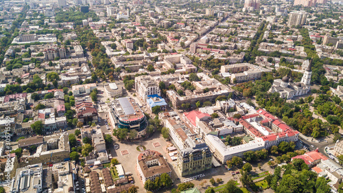 Top view of the center of the historical part of Odessa and the Odessa sea port on a sunny day