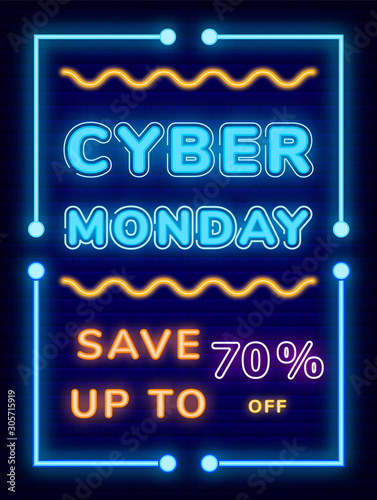 Promotion save up to 70 percent cyber Monday. Neon lights on advertising board for shopping. Creative idea for discount technology icon. Business promo with colorful lasers for commerce vector