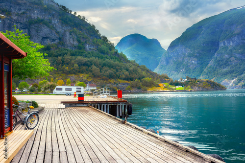 Wooden pier in Aurland. Aurlandsfjord,  Norway photo