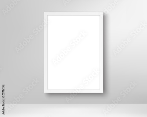 Realistic empty picture frame. Poster in the frame on the wall. Blank white picture mockup template. Vector design