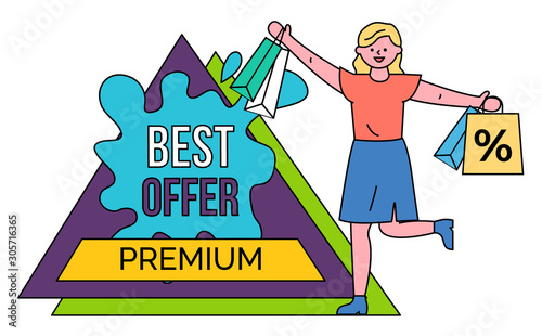 Discounts and offers vector, isolated geometric banner with blots. Woman with paper bags and percentage. Female character shopping using sales and special propositions from shops, flat style