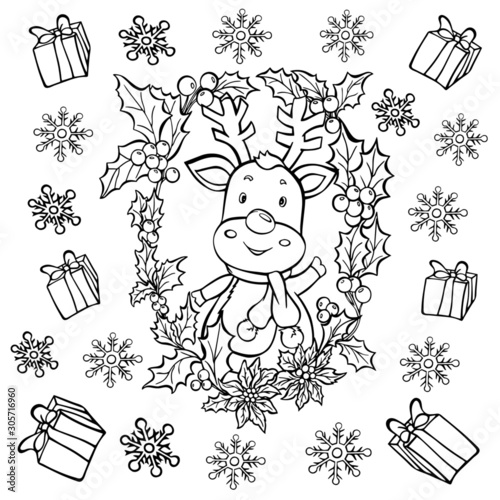 coloring page deer christmas wreath berries outline black and white illustration vector new year picture