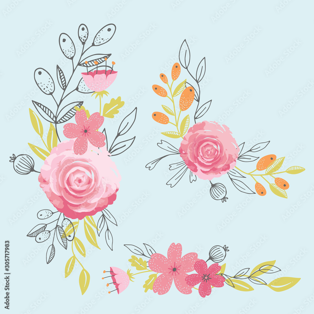 Beautiful English Garden Floral Bouquet Vector Isolated Elements Set