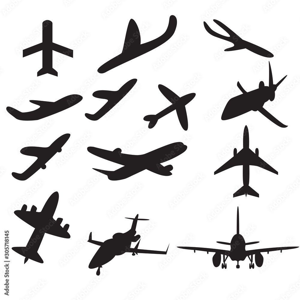 A set or icon collection of black planes drawings on a beige background.A group or collection of aircrafts ideal for grungy,travel,flight,transport,business or commercial designs isolated on white