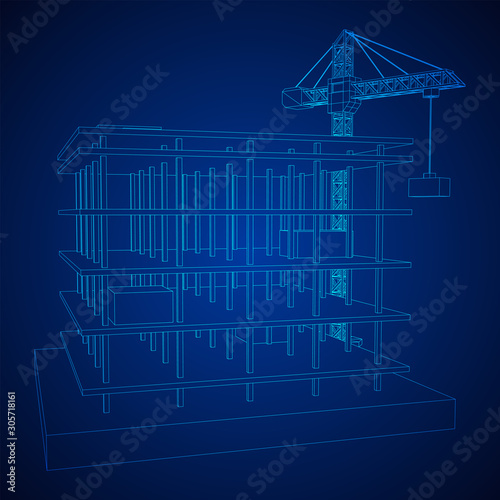 Building under construction with crane. Build house construct in process. Wireframe low poly mesh vector illustration