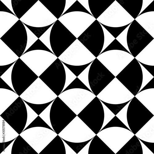 Geometrical signs - circles and squares. High contrast retro seamless pattern in black and white. Vector illustration
