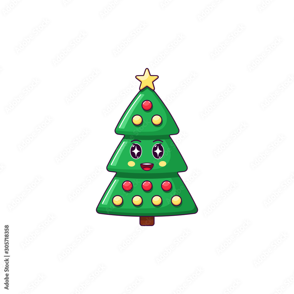 Cartoon kawaii Christmas tree with Admiring face. Cute green Christmas tree  with decorations vector de Stock | Adobe Stock