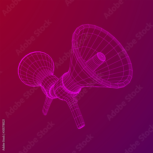 Megaphone or bullhorn for amplifying voice for protests rallies or public speaking. Wireframe low poly mesh vector illustration