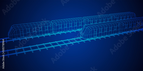 Modern high speed train on straight rails. Railway wireframe low poly mesh vector illustration