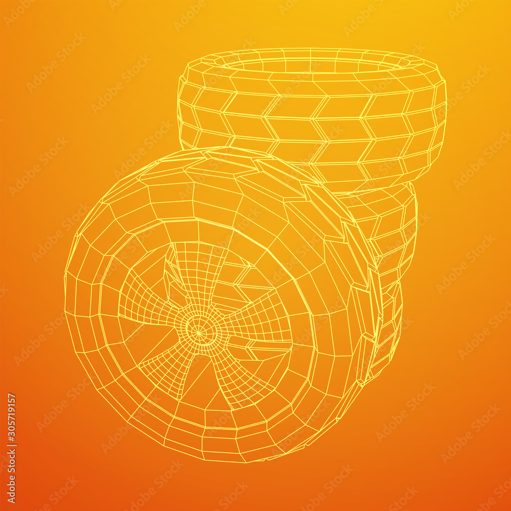 Automobile rubber car wheel tire and rim. Wireframe low poly mesh vector illustration. Auto service repair concept. Automobile rubber car wheel tire and rim. Wireframe low poly mesh vector illustration. Auto service repair concept.
