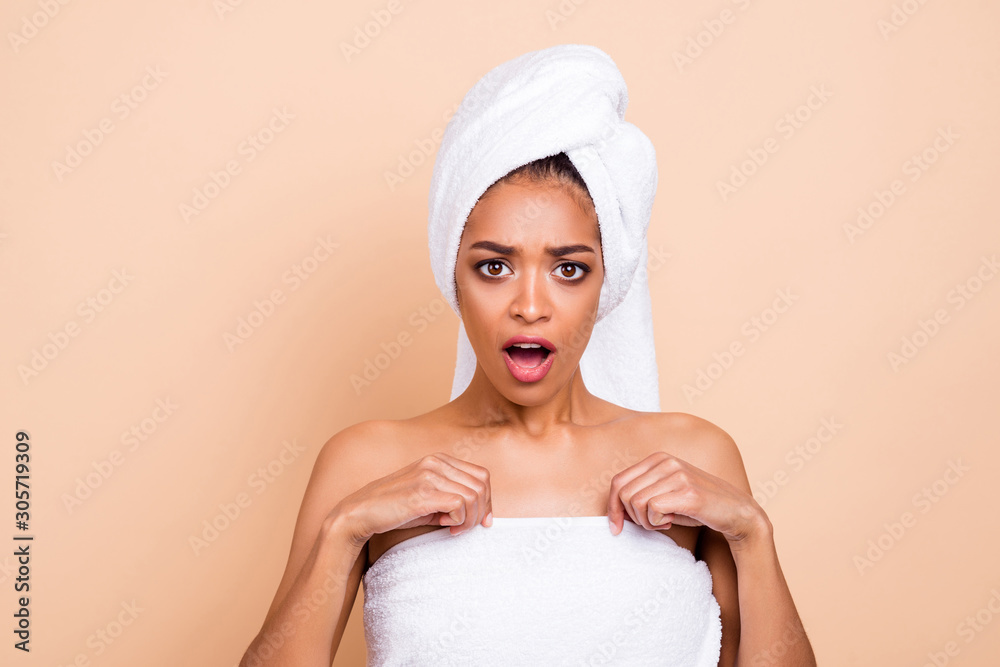 Close-up portrait of her she nice-looking attractive well-groomed afraid frightened lady after taking useful bath healing healthcare isolated over beige pastel background