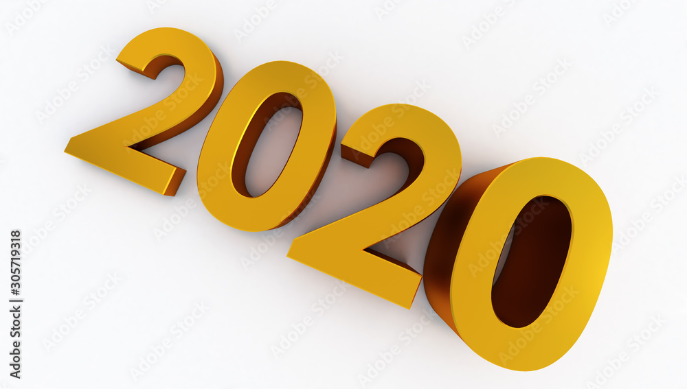 3D rendering of Happy New Year 2020, golden 2020 Year Number Text on White Background 3D rendering of Happy New Year 2020, golden 2020 Year Number Text on White Background