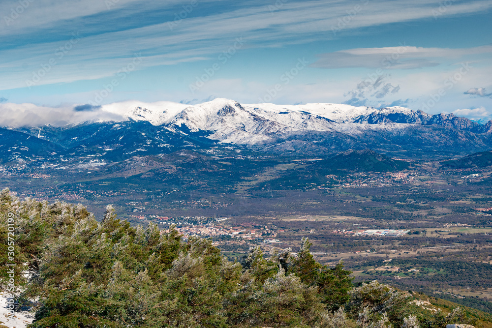 Landscape of the Sierra de Guadarrama of Madrid. Snowy autumn.