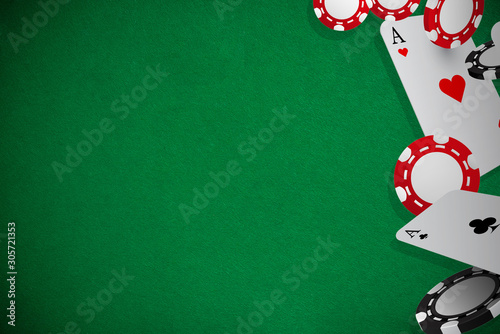 Poker playing cards and chips  green background