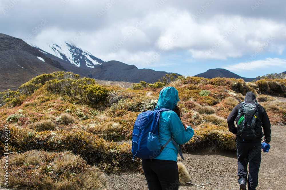 Hikers in the mountains in Tongariro national park, New Zealand 
