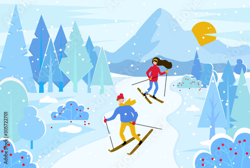 Hobby of people leading active lifestyle. Man and woman skiing in resort. Mountains in forest, trees and sunset. Couple of skiers in winter season. Friends and snowing landscape vector in flat