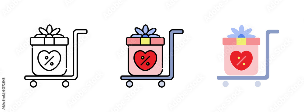 shopping cart with gift box and heart-shaped icon set isolated on white background for web design