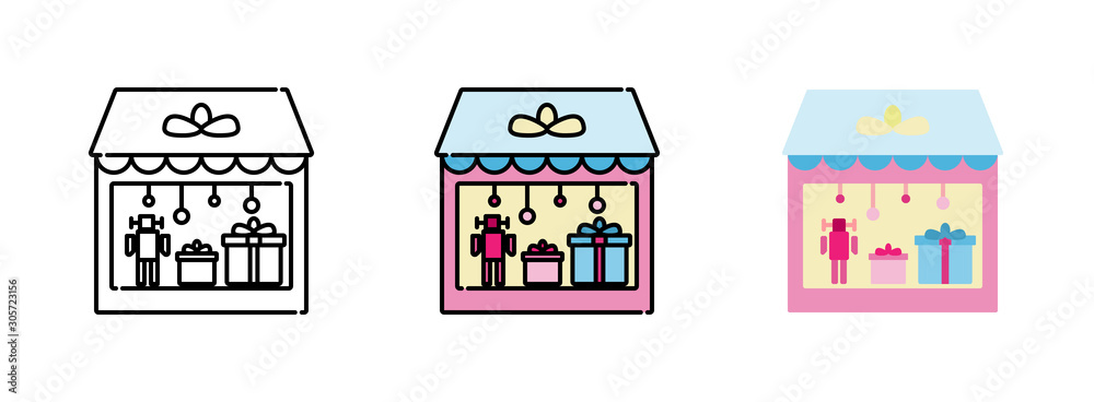 store with gift box and toy icon set isolated on white background for web design store with gift box and toy icon set isolated on white background for web design