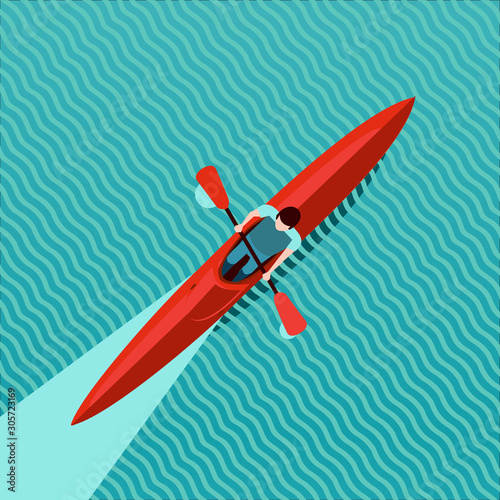 Rowing man. Top view of kayak boat. Canoe race vector illustration, flat style.