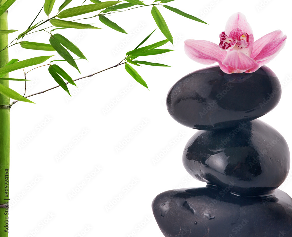 Fototapeta composition with black stones, bamboo and pink orchid