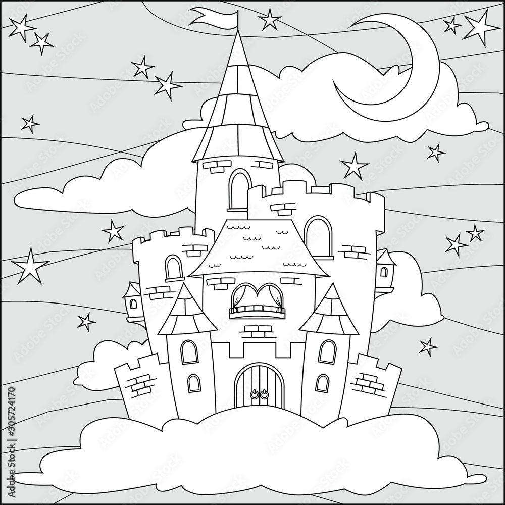 Fairy tale castle in the starry sky. Vector illustration for coloring page