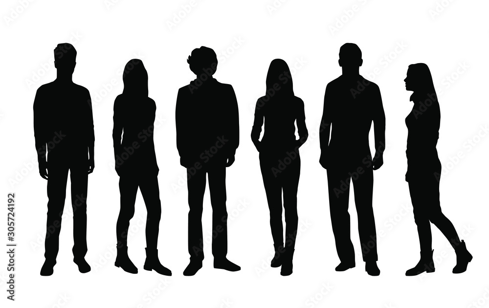 Vector silhouettes of  men and a women, a group of standing and walking business people, black color isolated on white background - obrazy, fototapety, plakaty 