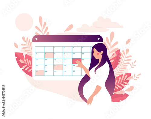 A woman is planning a medical appointment with a doctor on a calendar. A young mother is waiting for the birth of a baby. Pregnancy and motherhood concept. Flat stock vector illustration