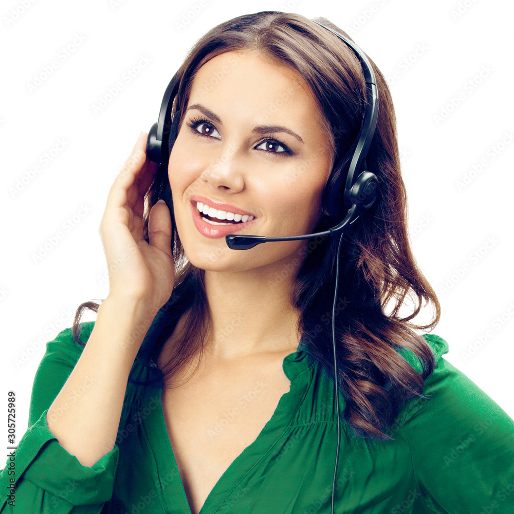 Happy female support phone operator or sales agent, isolated over white background. Brunette girl in green clothing and headset. Call center concept. Square composition. Happy female support phone operator or sales agent, isolated over white background. Brunette girl in green clothing and headset. Call center concept. Square composition.