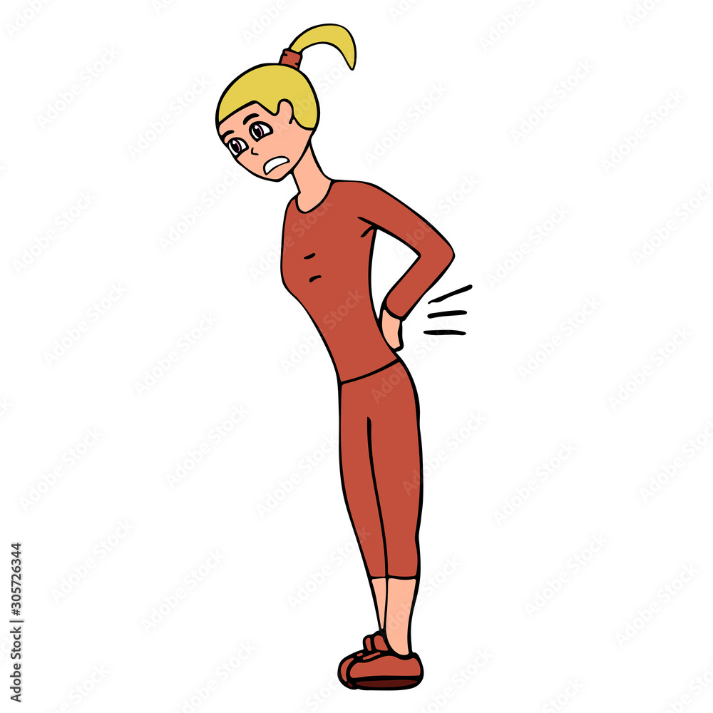 Cartoon young white woman with a sore back in a tracksuit. White background  isolated outline vector illustration Stock Vector by ©Shadowspawn 321485242