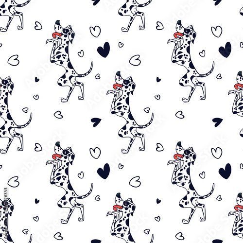 Seamless pattern with animal. Dalmatin dog in cartoon style and heart shapes on white background. Vector illustration.