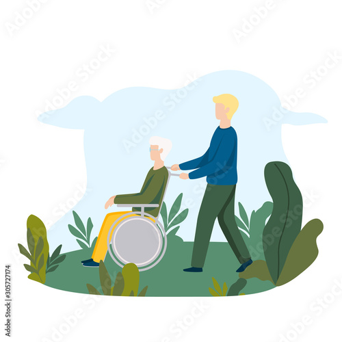 Volunteer pushing wheelchair with disabled old man. Nursing Home.