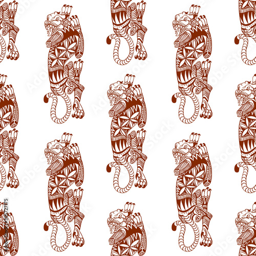 Seamless pattern with ethnic jaguar. Doodle style on white background.