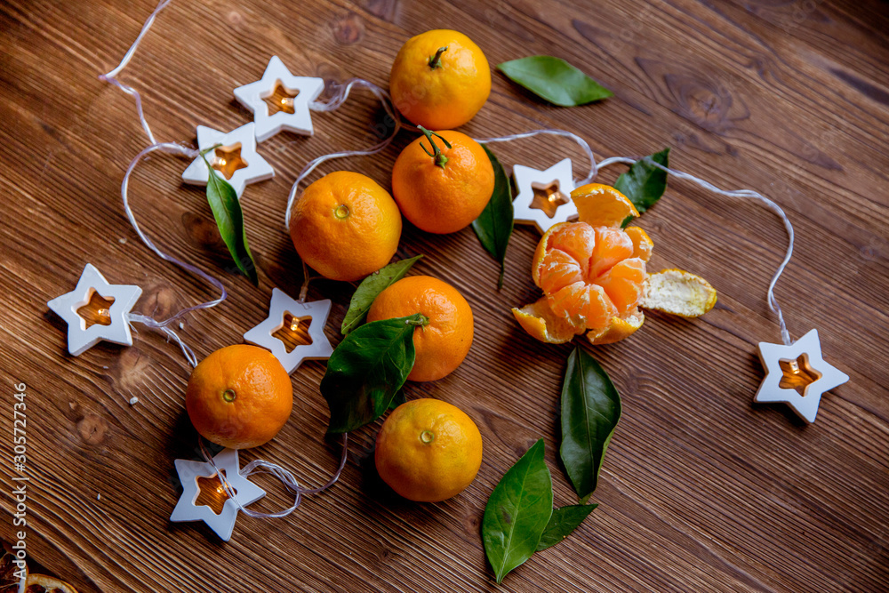 Christmas and new year decor. Christmas card. Tangerines Christmas and new year decor. Christmas card. Tangerines