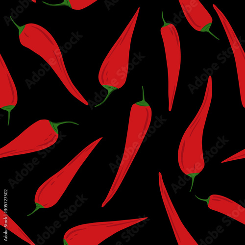 Chili peppers seamless pattern on black background.