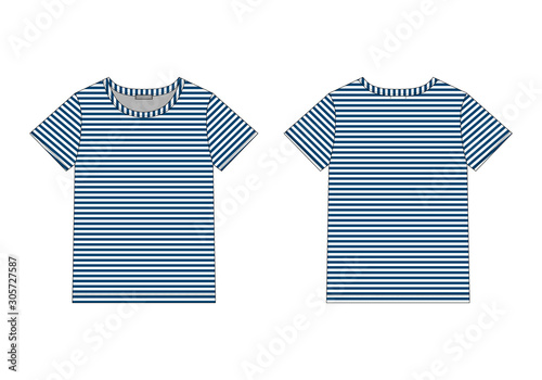 Technical sketch women t shirt in blue stripes fabric.
